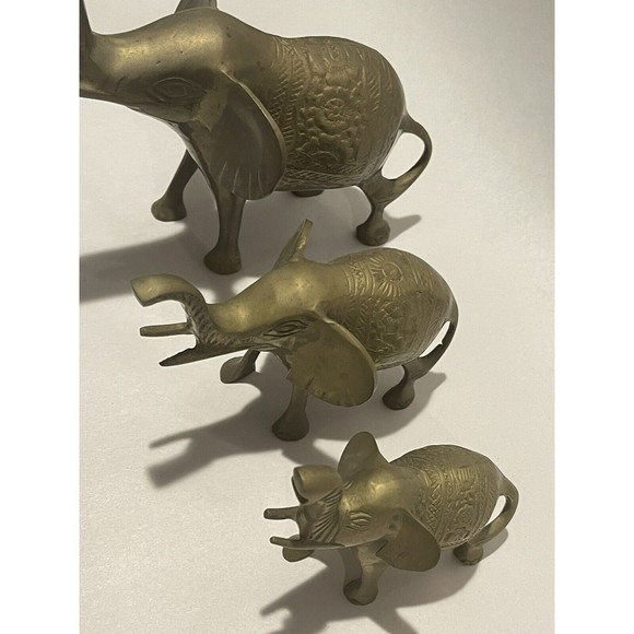 Set Of 3 Very Detailed BRASS ELEPHANTS FAMILY Figures Made in India - Picture 8 of 15